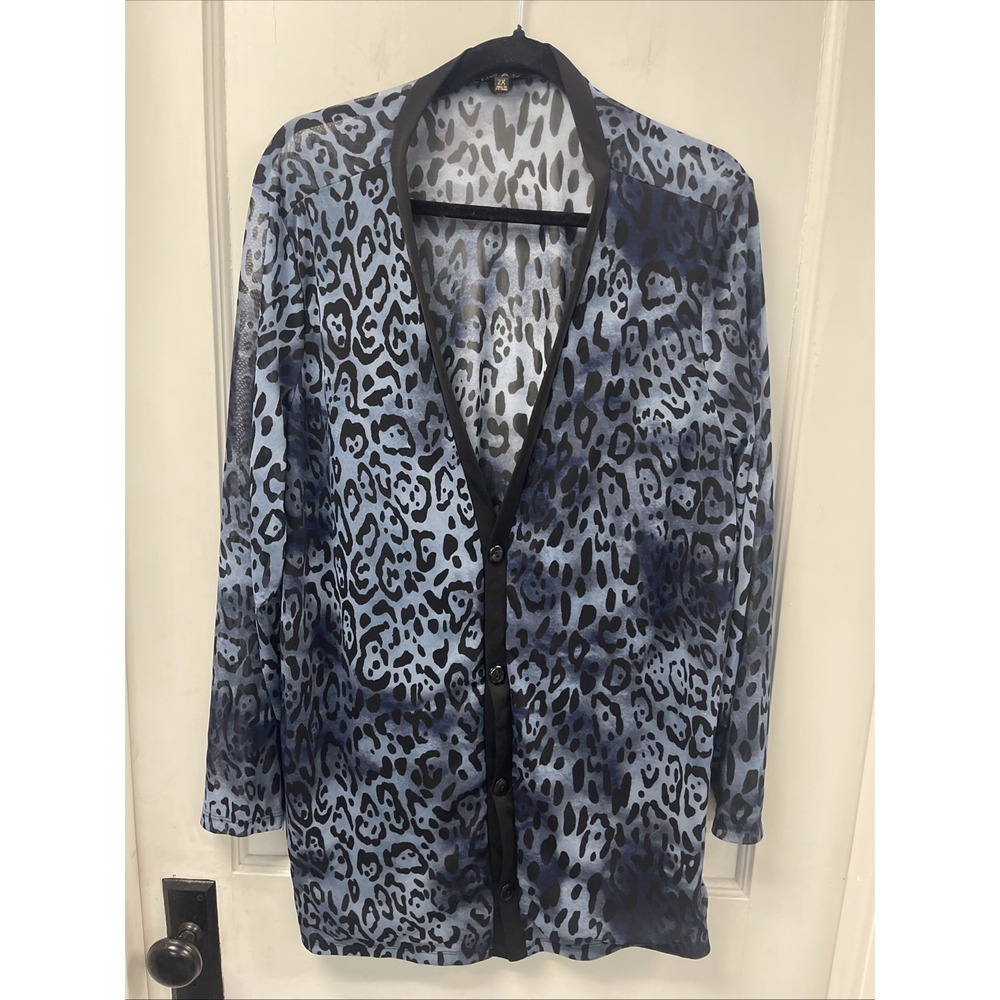 IMAN Blue Animal Print Sheer Cardigan With Buttons 2X